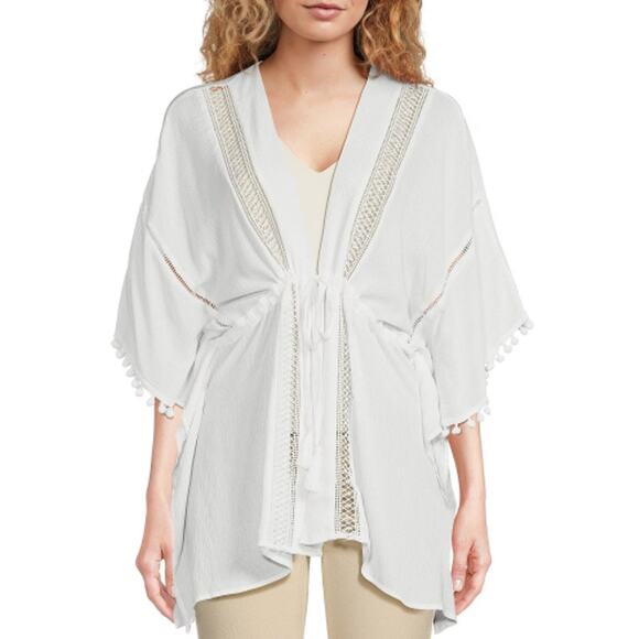 Vince Camuto Accessories - Vince Camuto Lace Inset Cinched Waist Topper Cardigan in Bright White